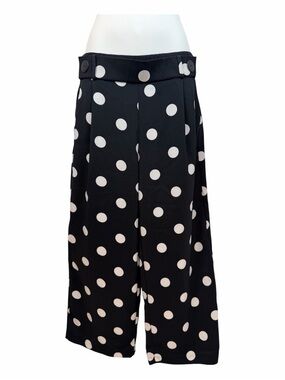 Polka Dot Pants Flowy Wide Leg High Rise Ankle Trousers S Relaxed Black White